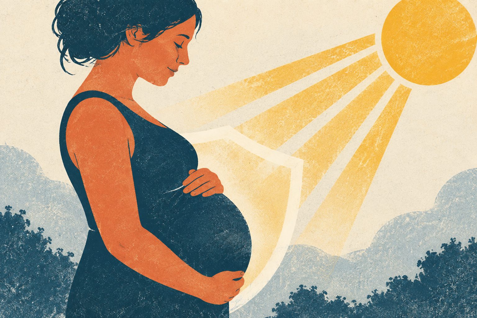 Abstract editorial illustration accompanying the article: Review reports lower preeclampsia risk with some higher-dose vitamin D regimens