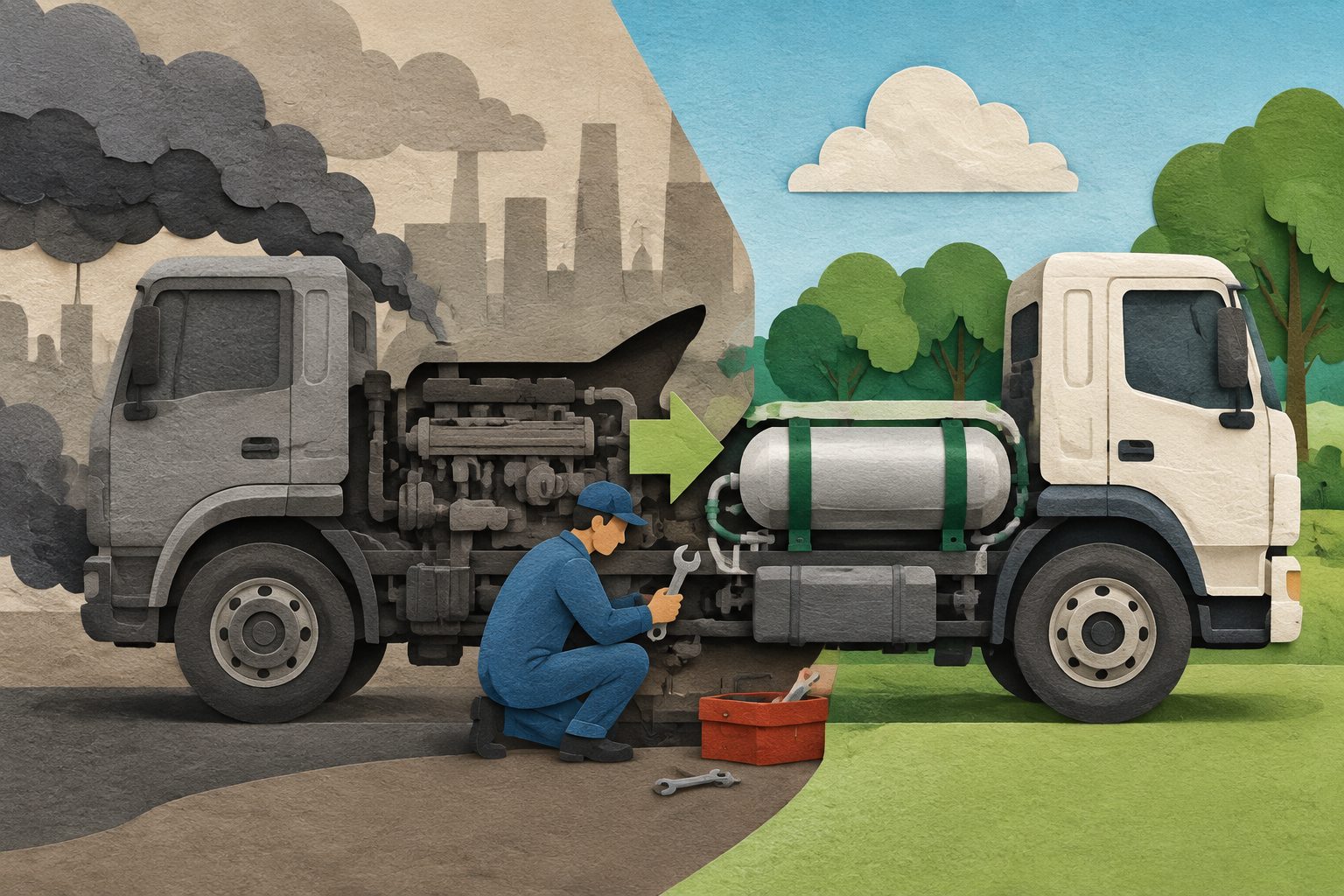 Abstract editorial illustration accompanying the article: Retrofitting diesel engines for liquefied petroleum gas could cut fleet emissions