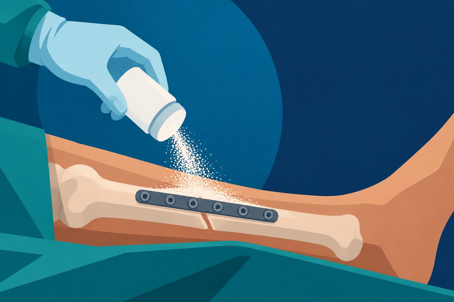 Abstract editorial illustration accompanying the article: Review reports fewer deep infections with topical antibiotic powder after fracture surgery