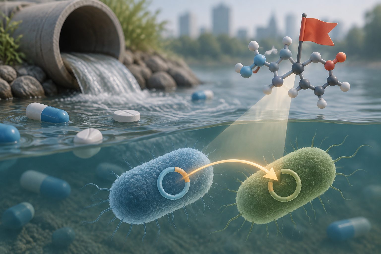 Abstract editorial illustration accompanying the article: Chemical structures may flag chemicals that change resistance-gene transfer