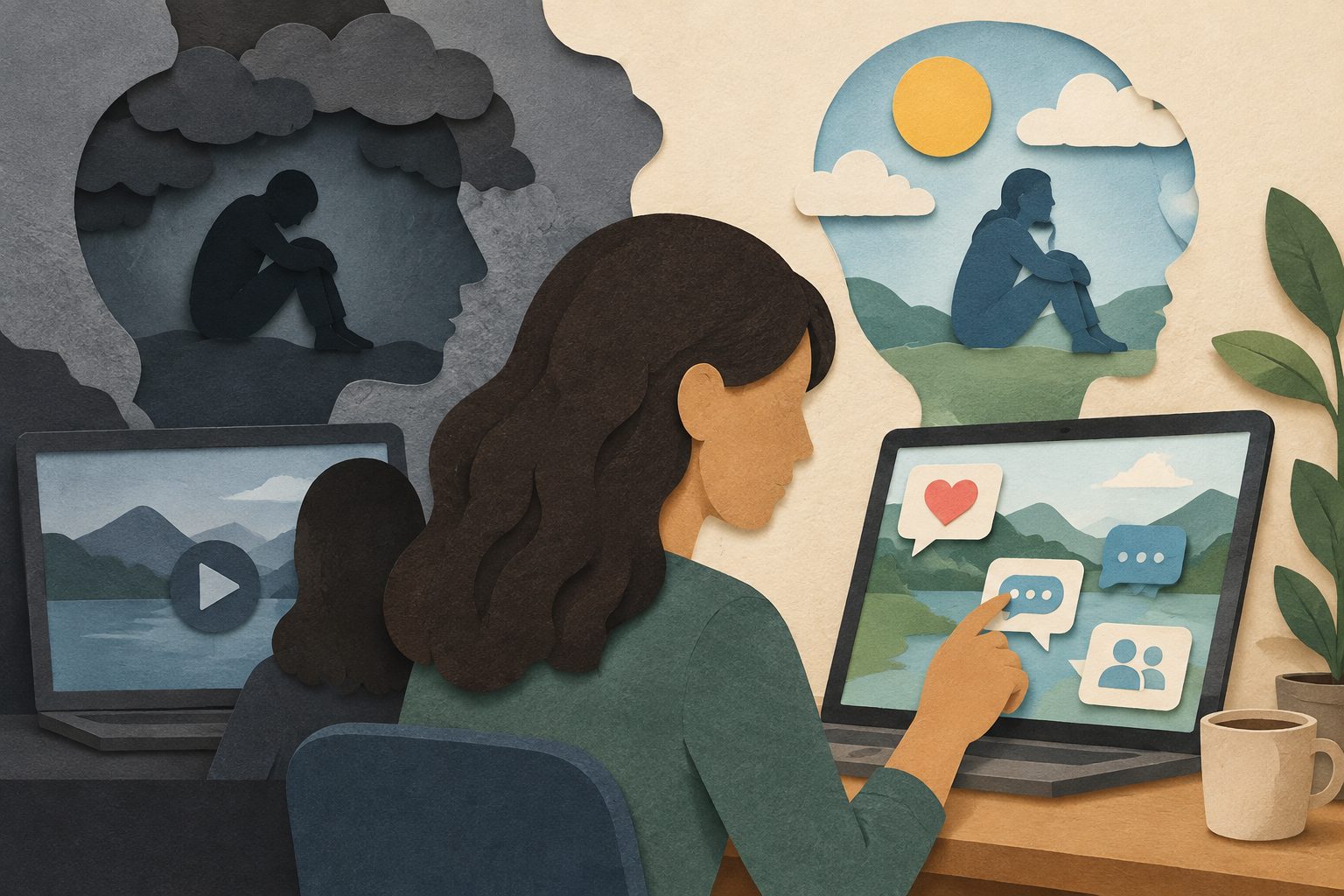 Abstract editorial illustration accompanying the article: Interactive online engagement, not just viewing, tracked trauma distress