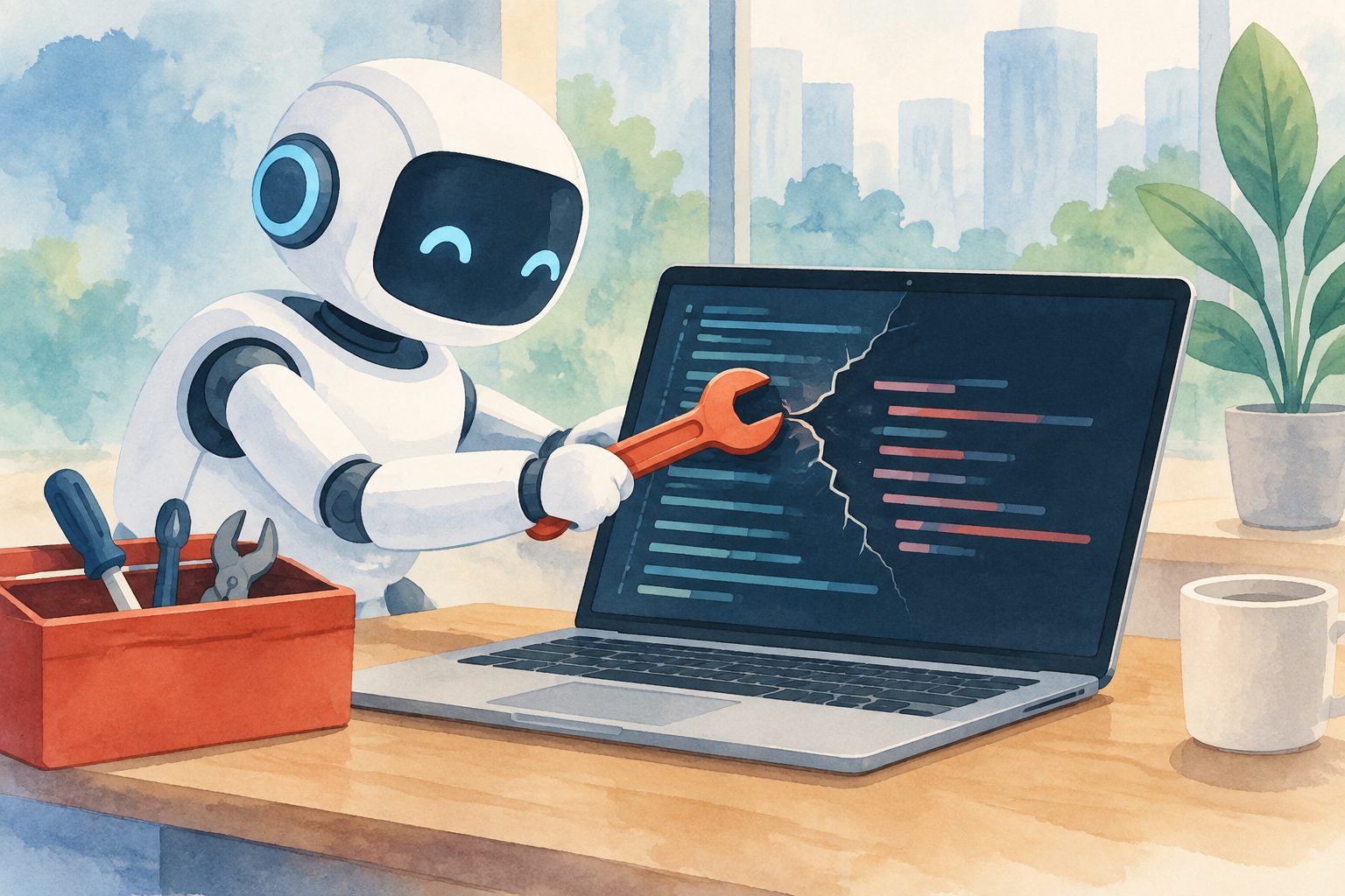 Abstract editorial illustration accompanying the article: How AI agents are being used to fix real-world software problems