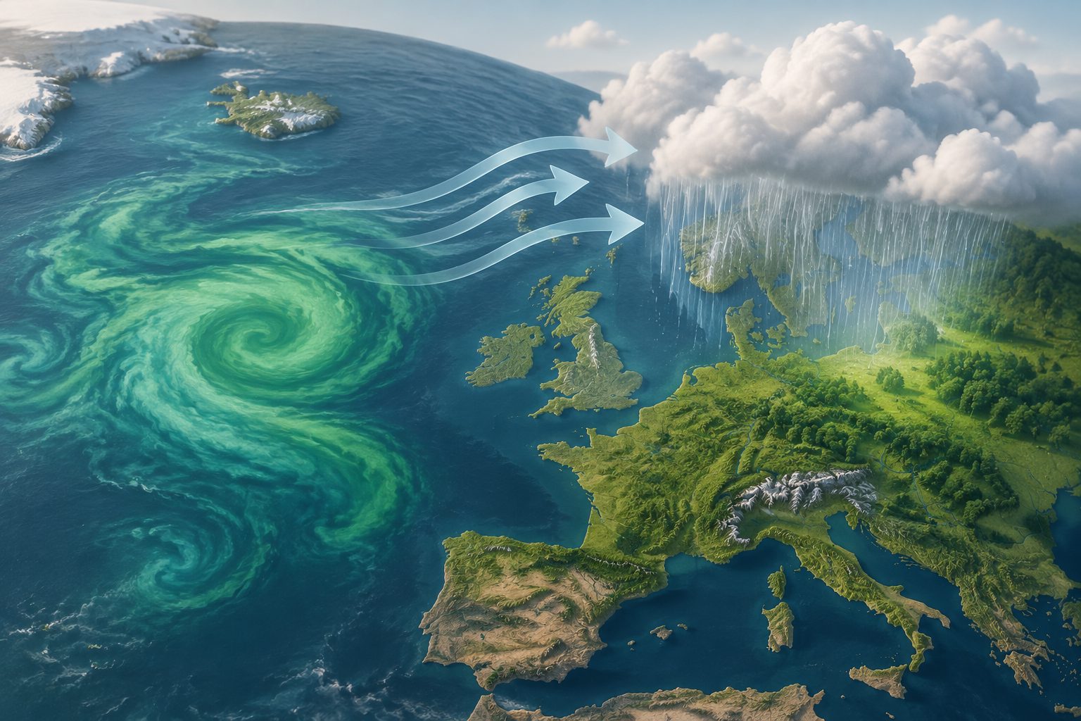 Abstract editorial illustration accompanying the article: North Atlantic phytoplankton blooms linked to wetter Europe and faster plant growth