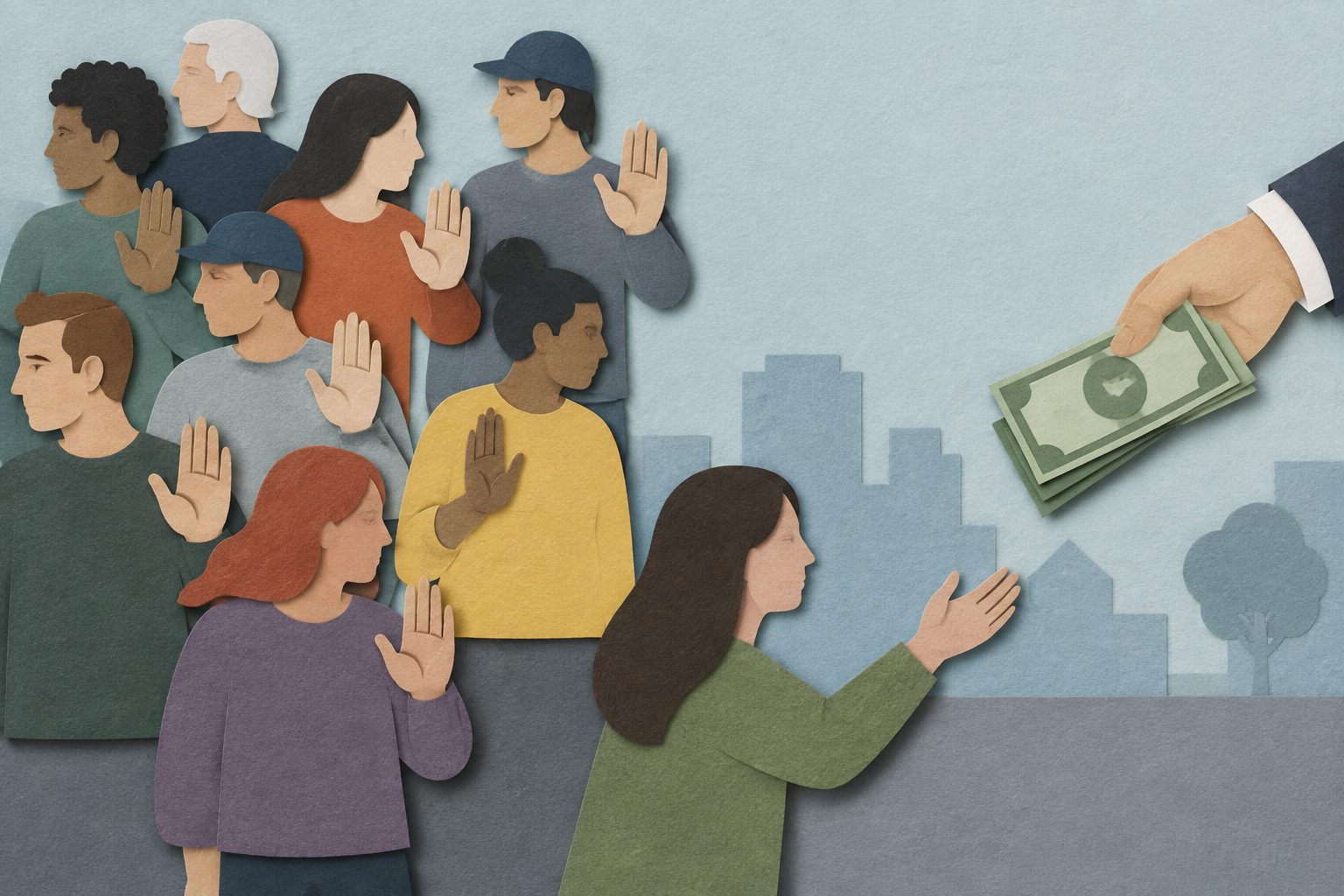 Abstract editorial illustration accompanying the article: Fewer than one in 10 surveyed people backed a universal basic income