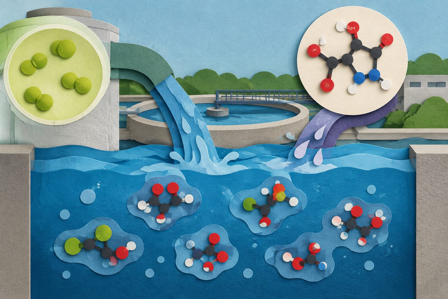 Abstract editorial illustration accompanying the article: When chlorine meets aspartic acid, several water-treatment by-products can form