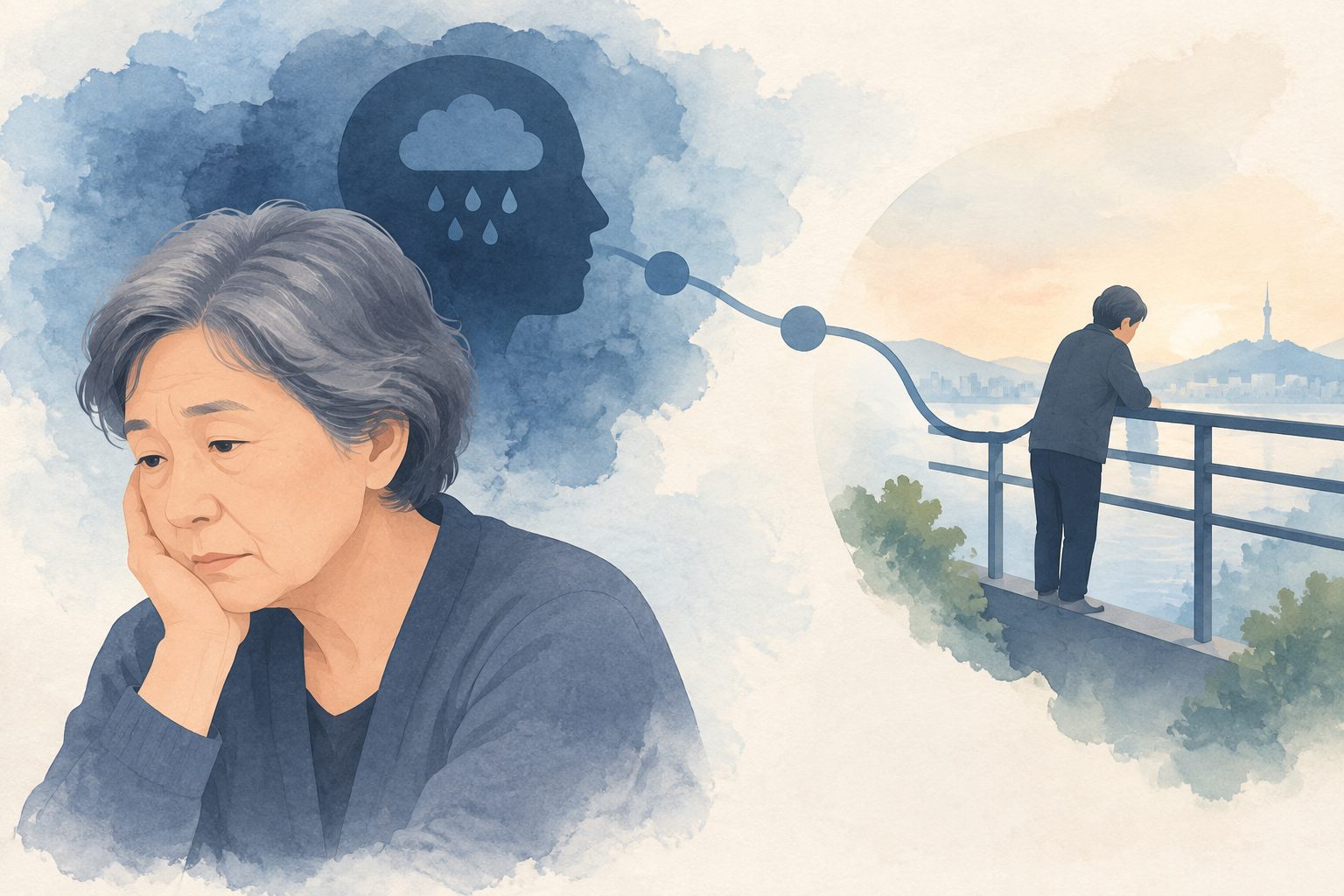 Abstract editorial illustration accompanying the article: Suicide attempts may link depressive symptoms in older Korean adults