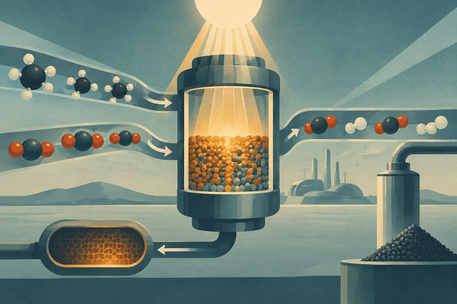 Abstract editorial illustration accompanying the article: Light-driven catalyst makes syngas from methane and carbon dioxide with less carbon buildup