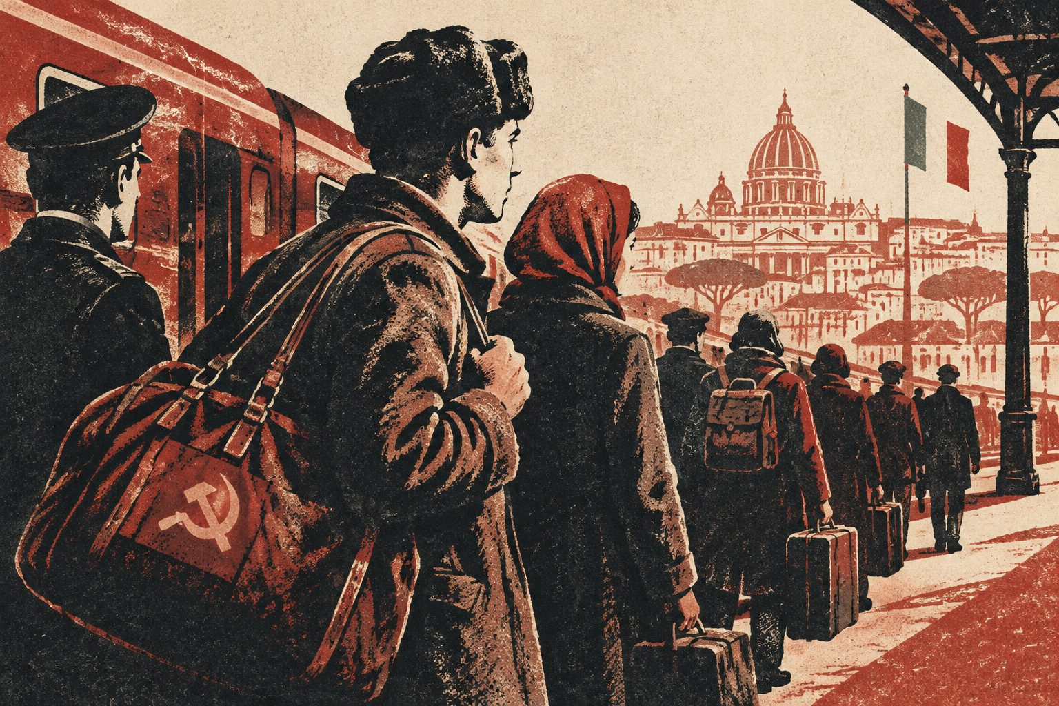 Abstract editorial illustration accompanying the article: Soviet transit migrants showed how Italy faced immigration before it was ready