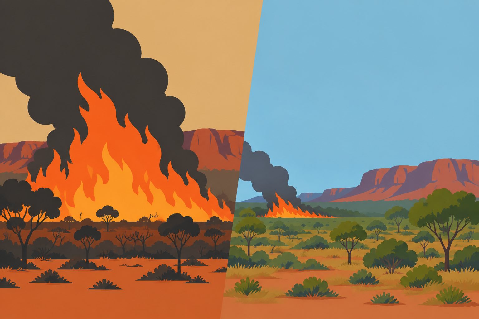 Abstract editorial illustration accompanying the article: Large fires fell by about half in Australia’s North Kimberley