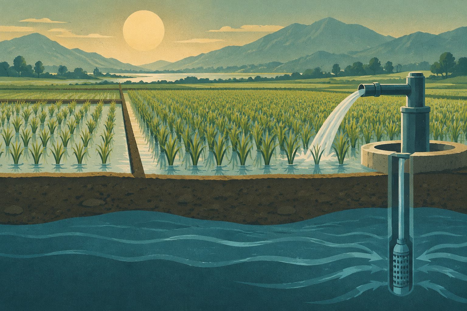 Abstract editorial illustration accompanying the article: More rice in the Indus Basin could drive a 60% rise in groundwater use