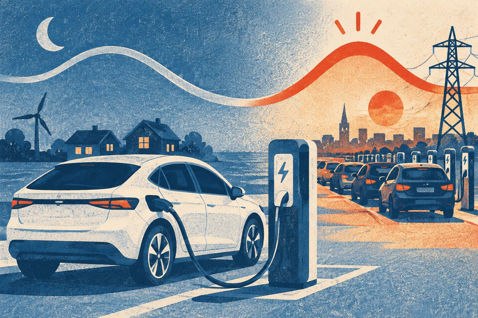 Abstract editorial illustration accompanying the article: Danish EV owners charge more when power is cheap—but peaks could follow