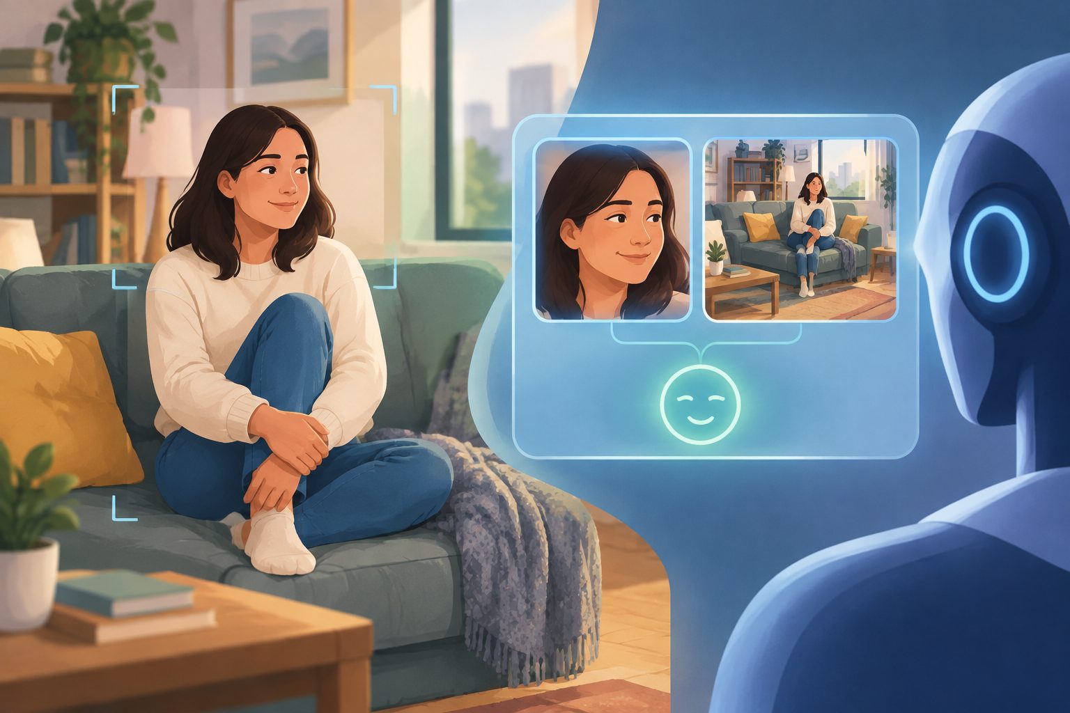 Abstract editorial illustration accompanying the article: AI reads emotions better when it sees bodies and surroundings