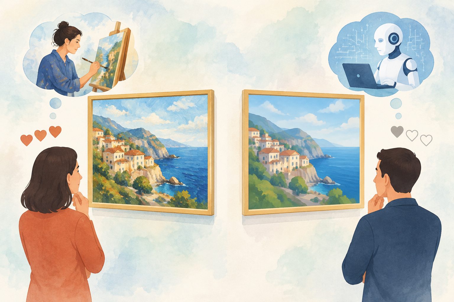 Abstract editorial illustration accompanying the article: Consumers valued AI paintings less when the creative process felt less authentic