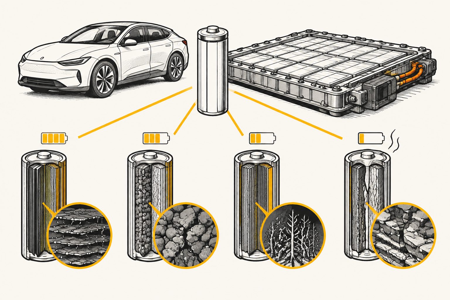 Abstract editorial illustration accompanying the article: Lithium-ion battery chemistry and charge level shape how cells fail