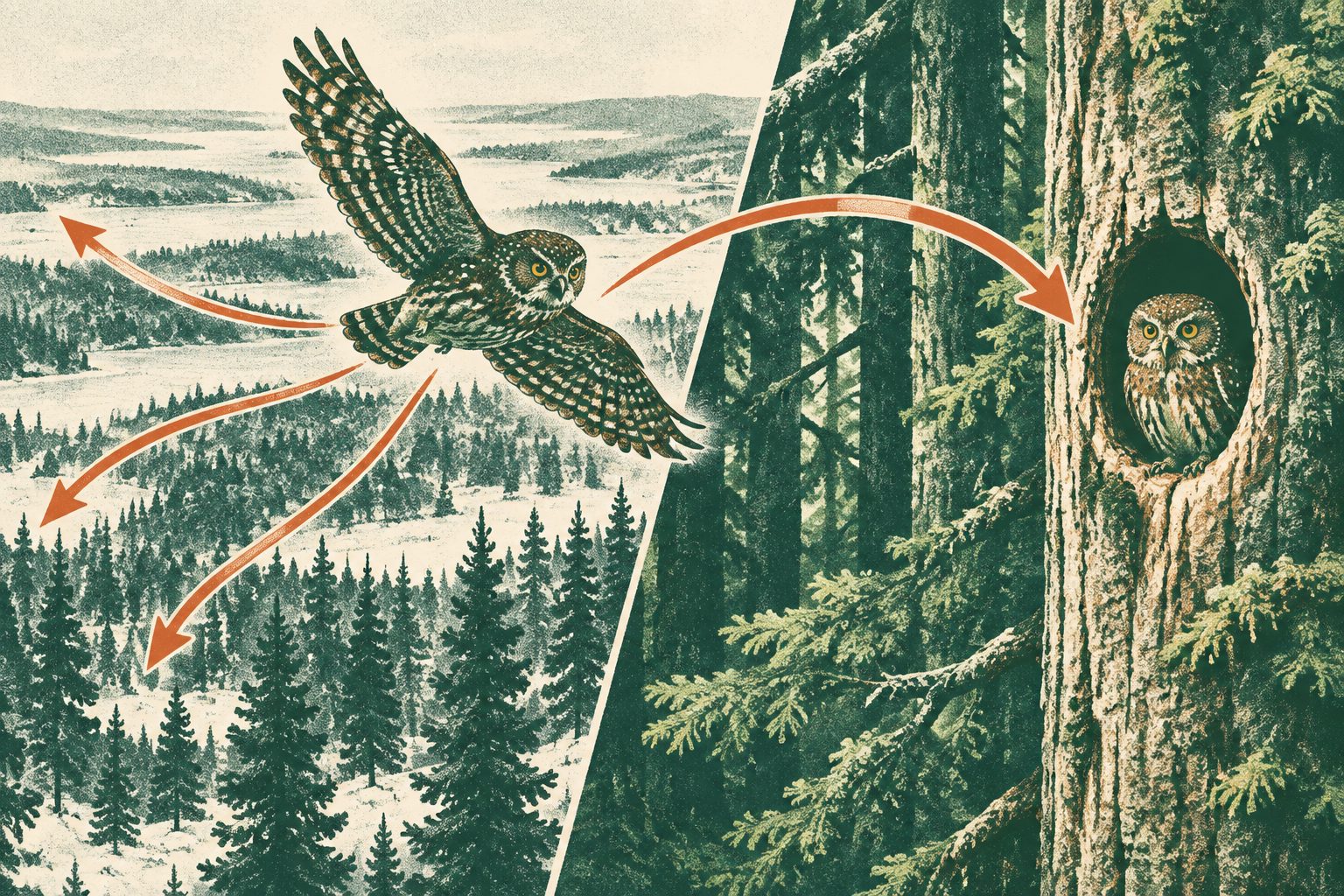 Abstract editorial illustration accompanying the article: Pygmy owls move farther in boreal forests but rely on mature forest everywhere
