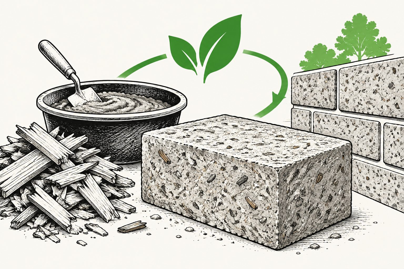 Abstract editorial illustration accompanying the article: Bio-based recycled-wood mortar cuts modeled emissions by up to 82%