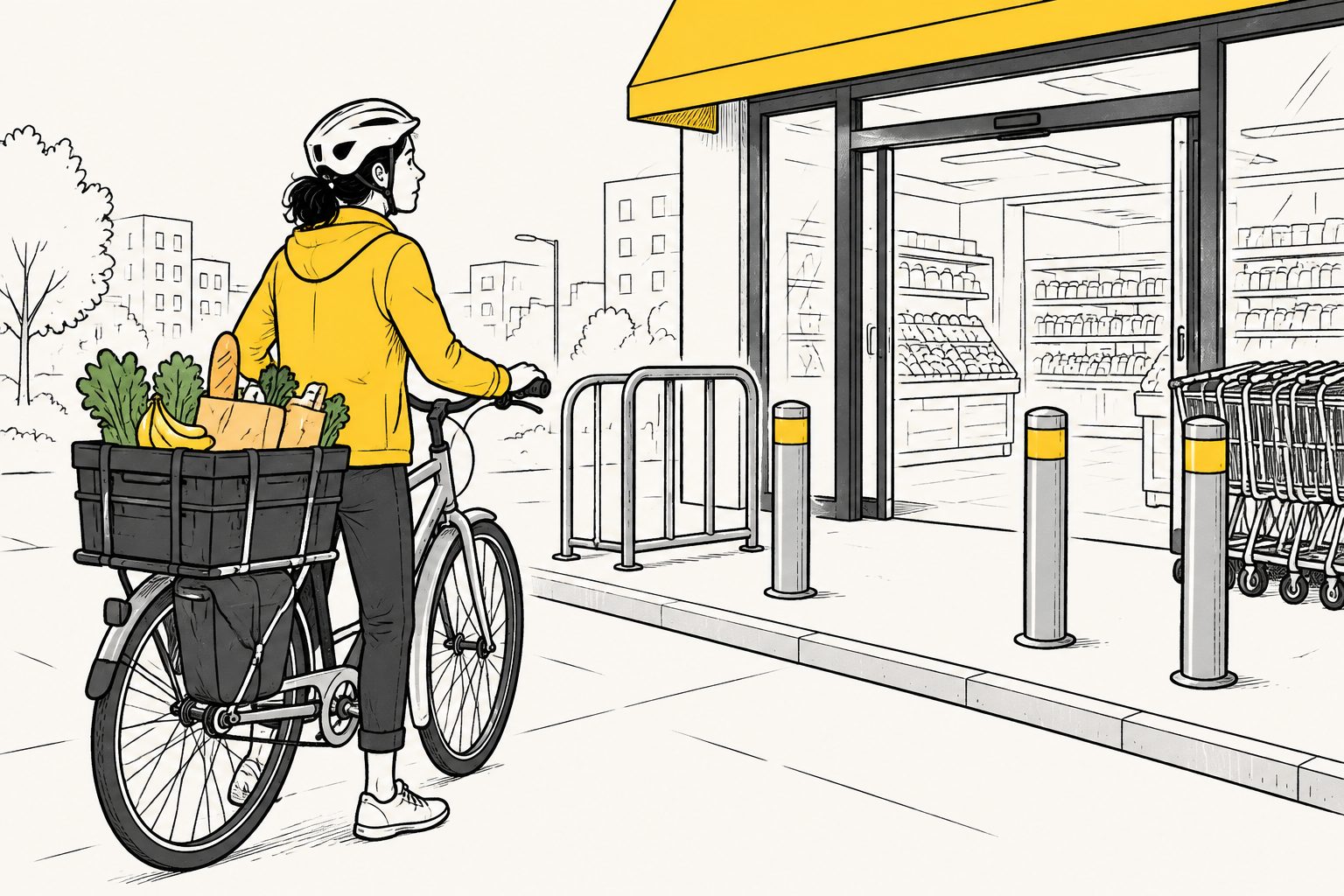 Abstract editorial illustration accompanying the article: Why regular cyclists still face hurdles when shopping for groceries by bike