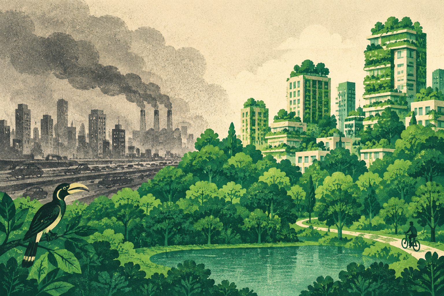 Abstract editorial illustration accompanying the article: Thailand’s eco-city forest may ease pollution conflict without fixing its causes