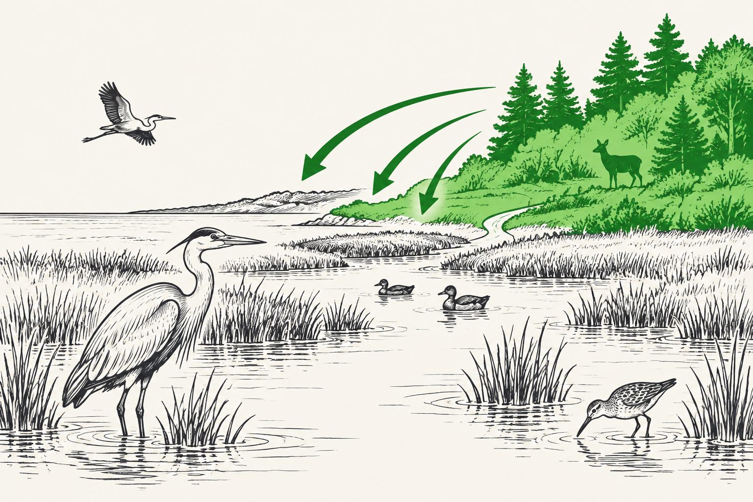 Abstract editorial illustration accompanying the article: For wildlife in coastal wetlands, nearby natural land matters most