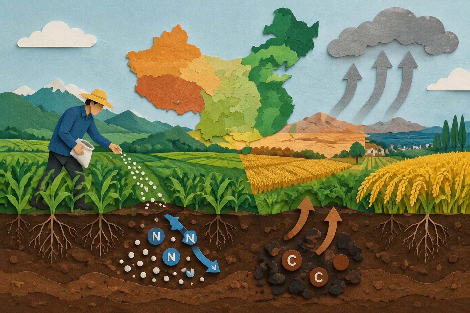 Abstract editorial illustration accompanying the article: Nitrogen fertilizer’s climate impact varies across China’s croplands