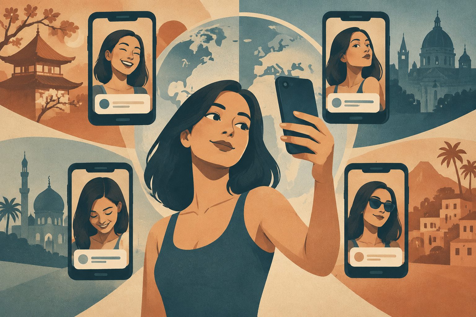 Abstract editorial illustration accompanying the article: Selfies and captions linked to body satisfaction in different ways across cultures