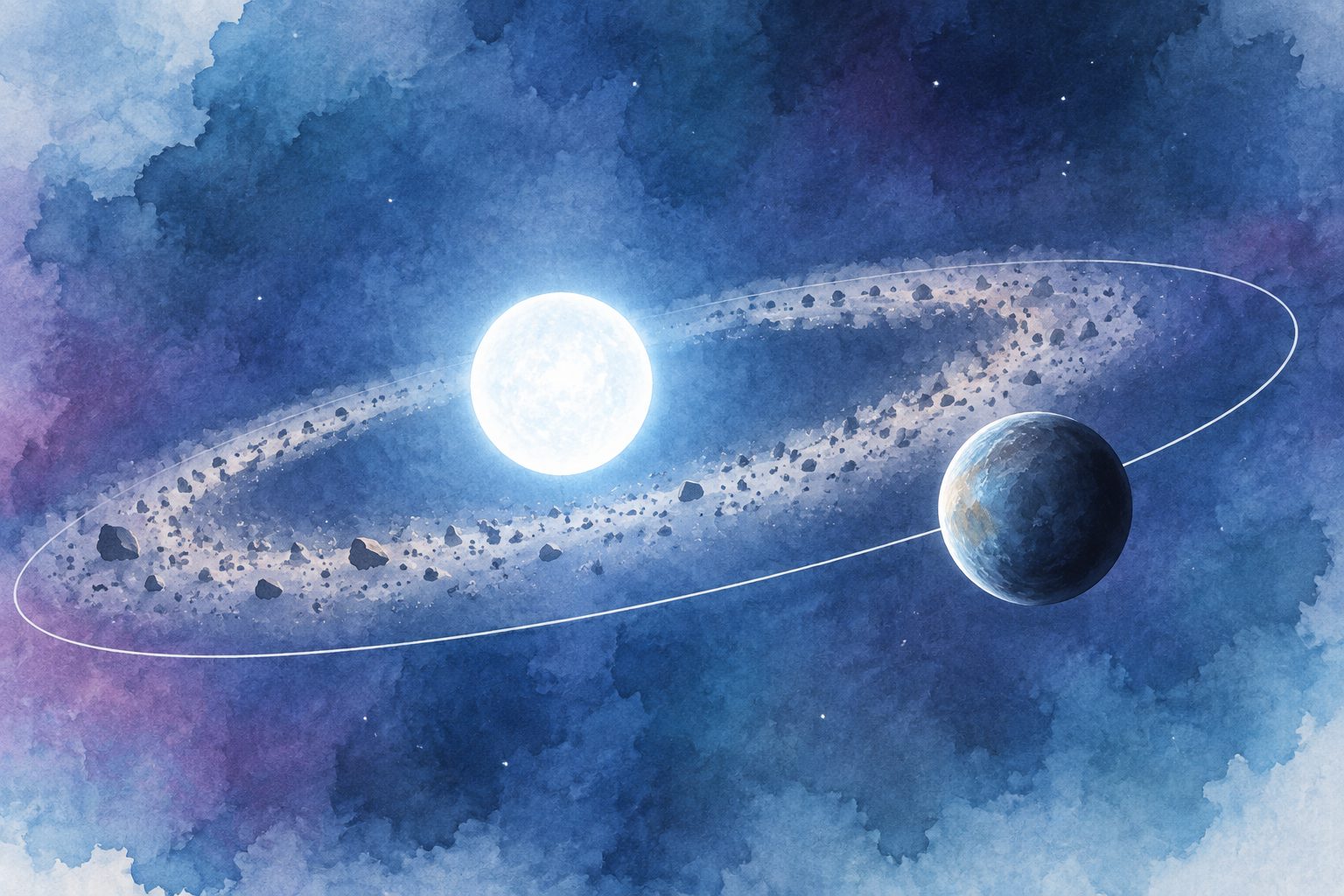 Abstract editorial illustration accompanying the article: A possible planet around a white dwarf may have formed after its star died
