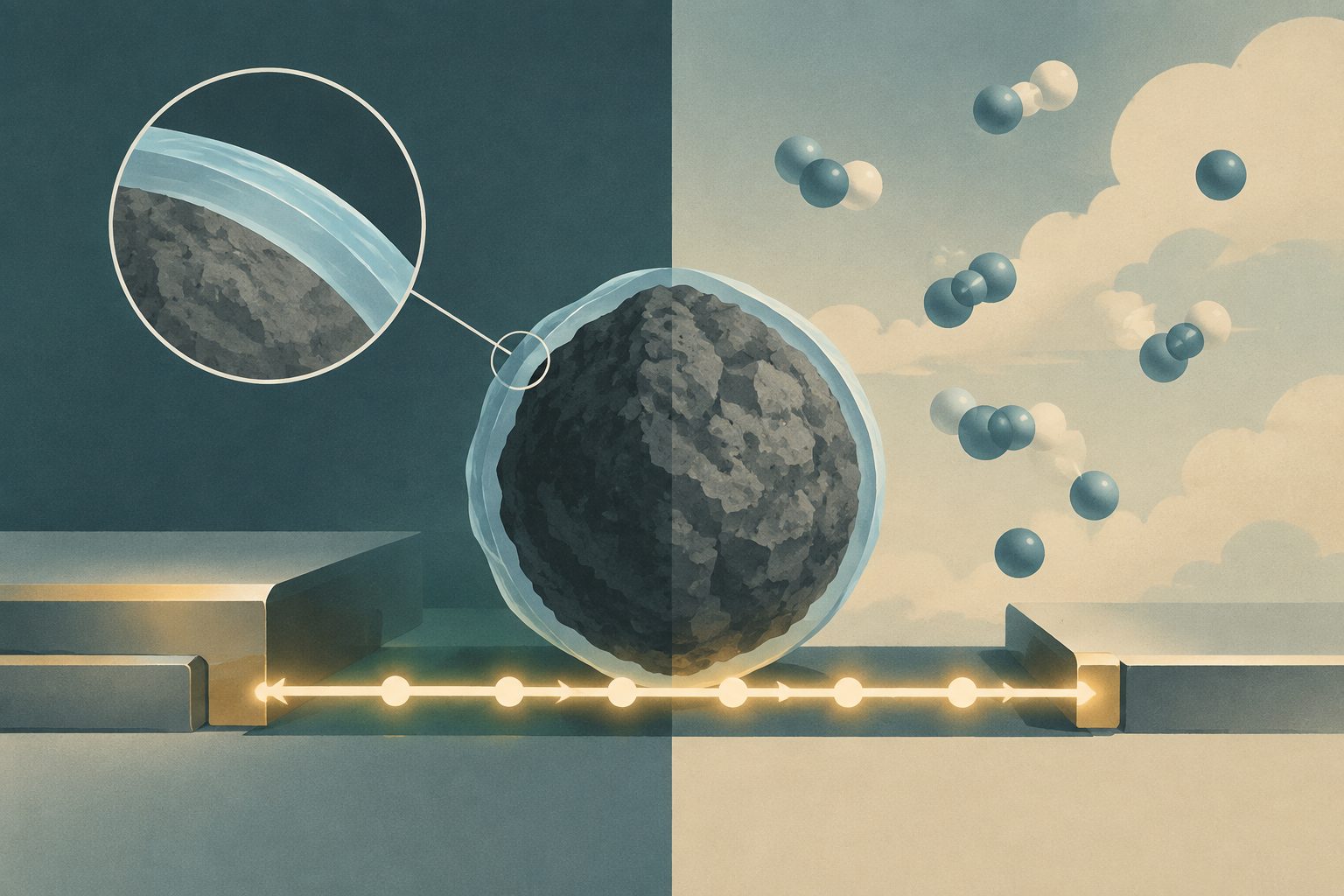 Abstract editorial illustration accompanying the article: A thin coating kept a solid-battery ingredient conductive after air exposure