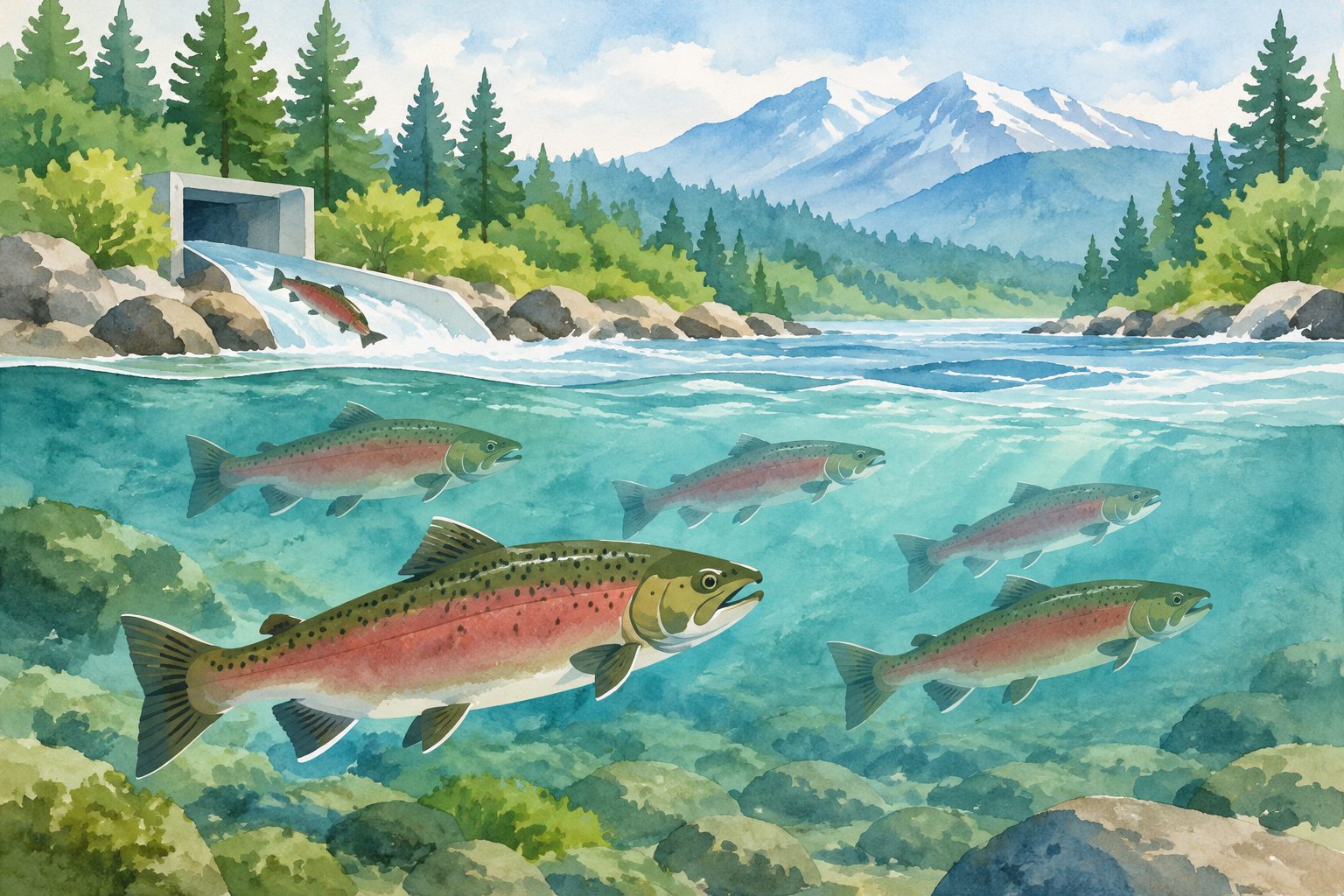 Abstract editorial illustration accompanying the article: Reintroduced salmon populations are stable or growing at many western sites