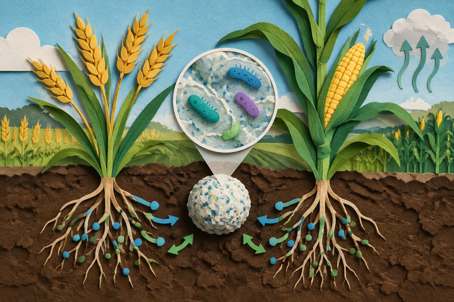 Abstract editorial illustration accompanying the article: Microbe-containing fertilizer improved nutrient uptake and reduced emissions in wheat and maize