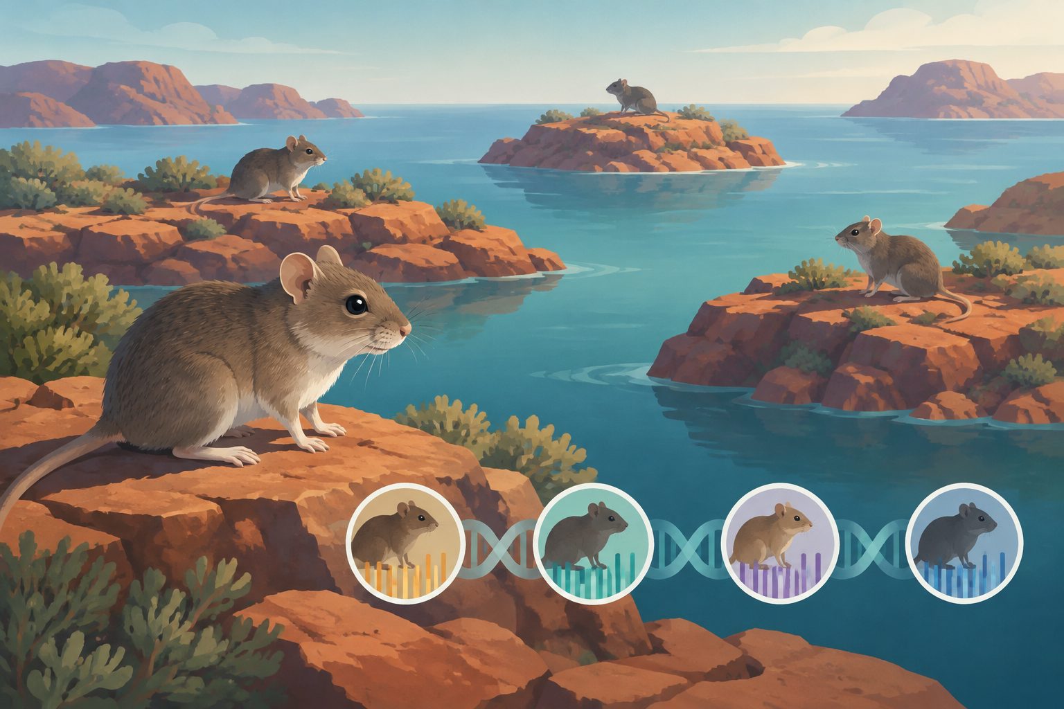 Abstract editorial illustration accompanying the article: Patchy habitat and island isolation leave Kimberley rock-rats vulnerable