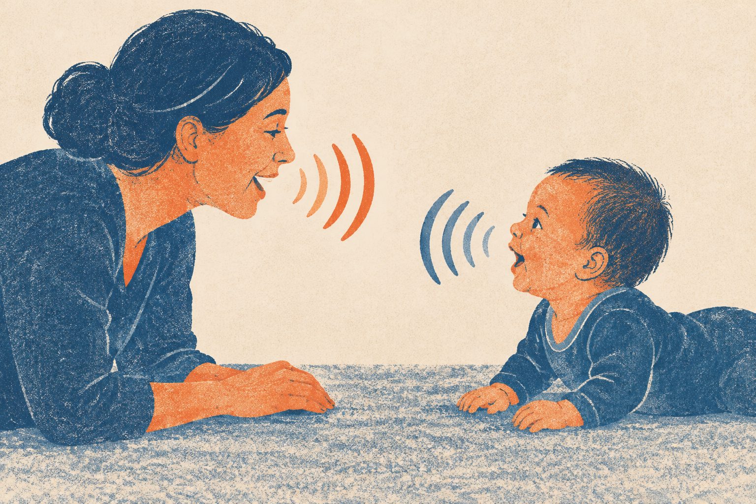 Abstract editorial illustration accompanying the article: Babies and caregivers coordinated their sounds most at arm’s length