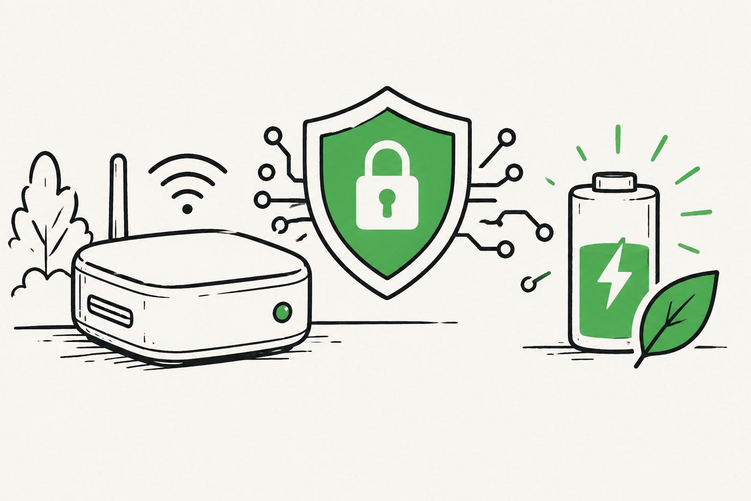 Abstract editorial illustration accompanying the article: Lightweight security tools cut power use by 37% in low-power internet devices