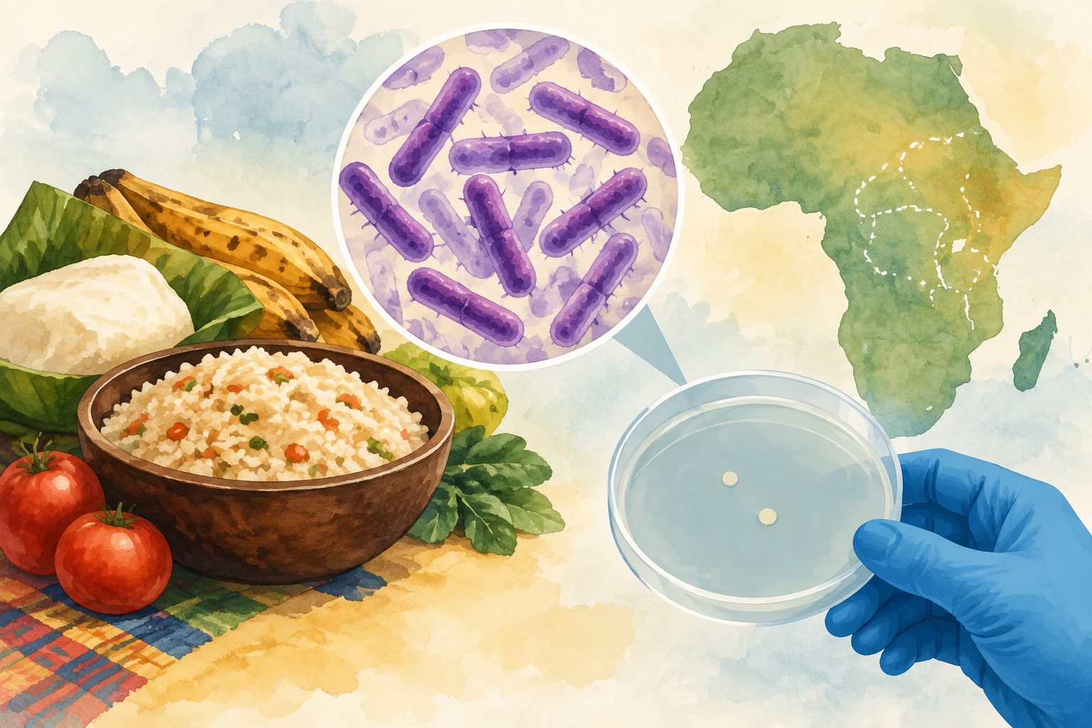 Abstract editorial illustration accompanying the article: Bacillus cereus may be going uncounted in Africa’s food poisoning cases
