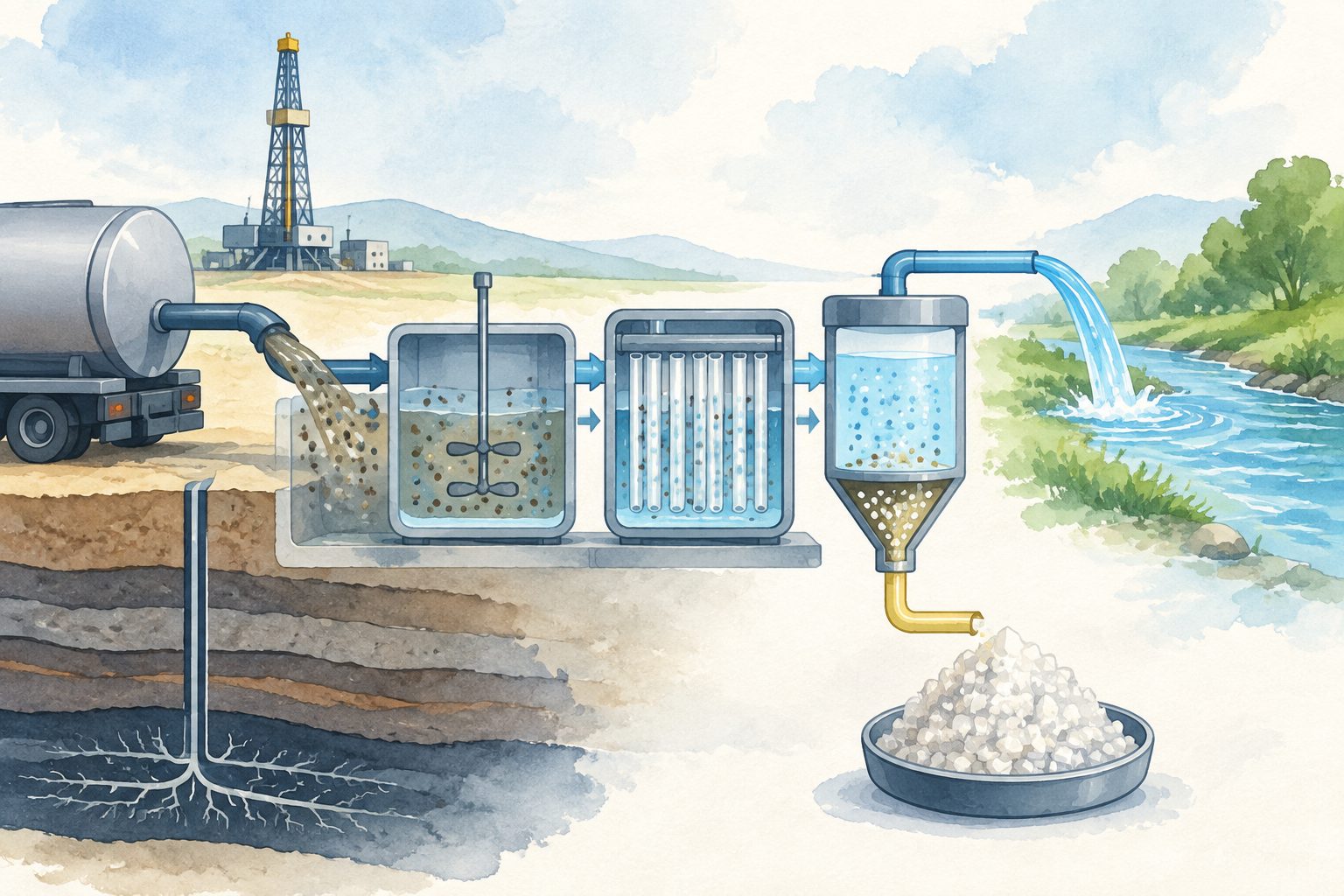 Abstract editorial illustration accompanying the article: Shale gas wastewater could yield lithium while helping clean the water