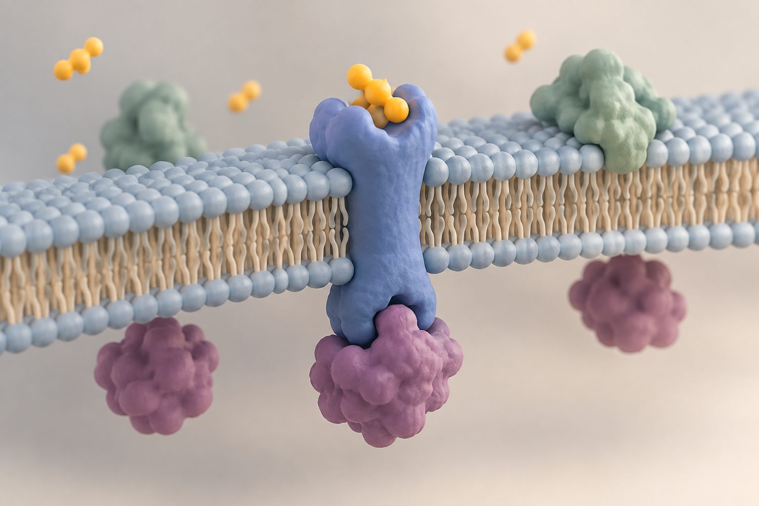 Abstract editorial illustration accompanying the article: Brain receptors reveal protein partners on both sides of cell membranes