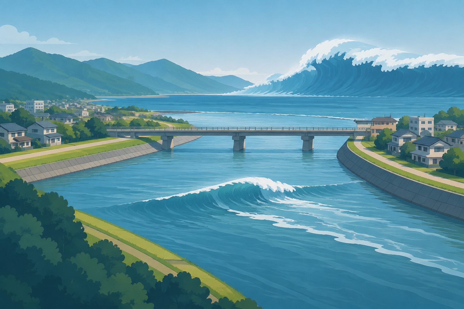 Abstract editorial illustration accompanying the article: A small tsunami reached Japan’s Kurobe River 10 minutes before the main wave