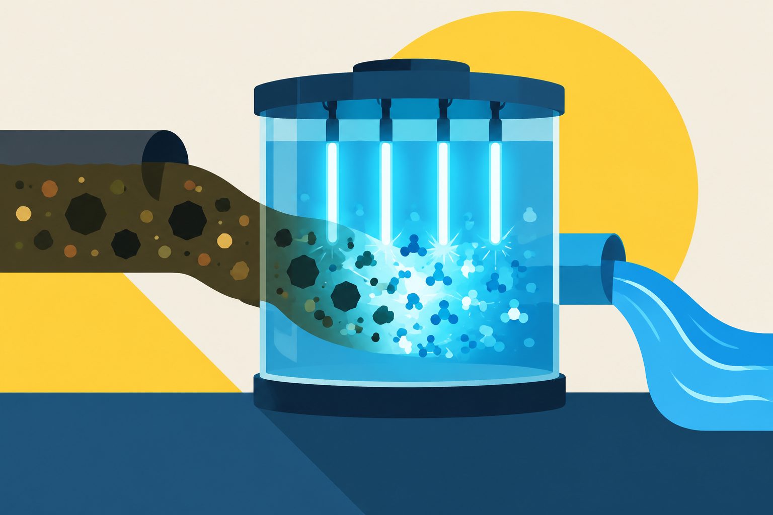 Abstract editorial illustration accompanying the article: Tuning water’s bonds kept wastewater pollutant removal near 95% for 500 hours