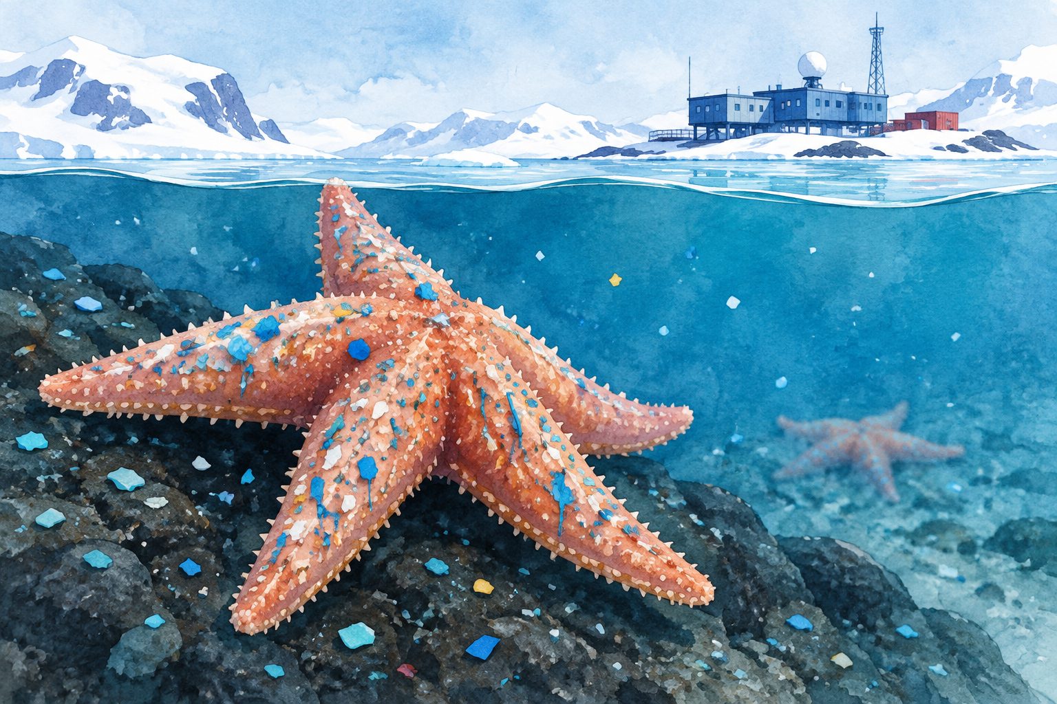Abstract editorial illustration accompanying the article: Antarctic sea stars carry micro-litter near research stations