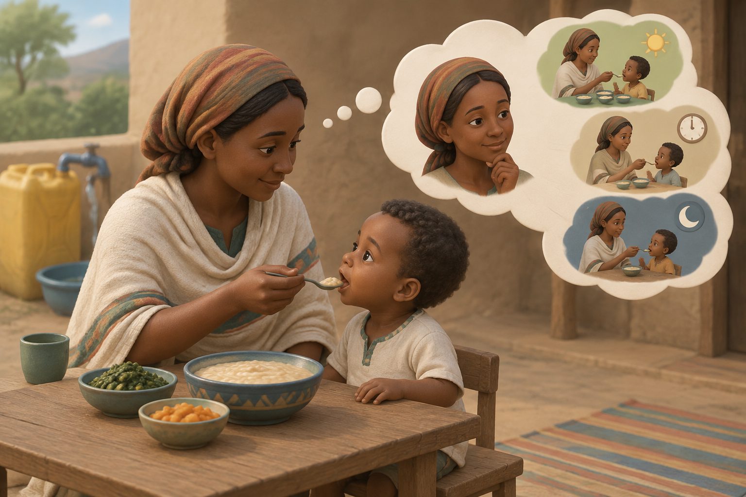 Abstract editorial illustration accompanying the article: Study links feeding frequency with caregiver beliefs in Ethiopian children