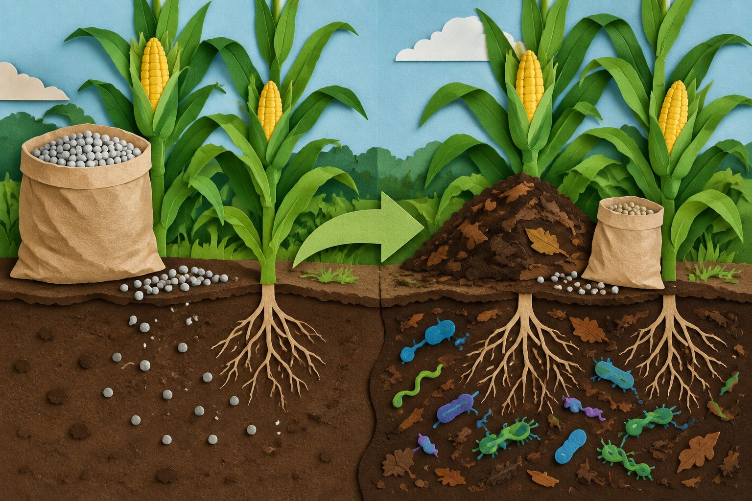 Abstract editorial illustration accompanying the article: A maize field trial used 25% less mineral fertilizer with compost and bacteria