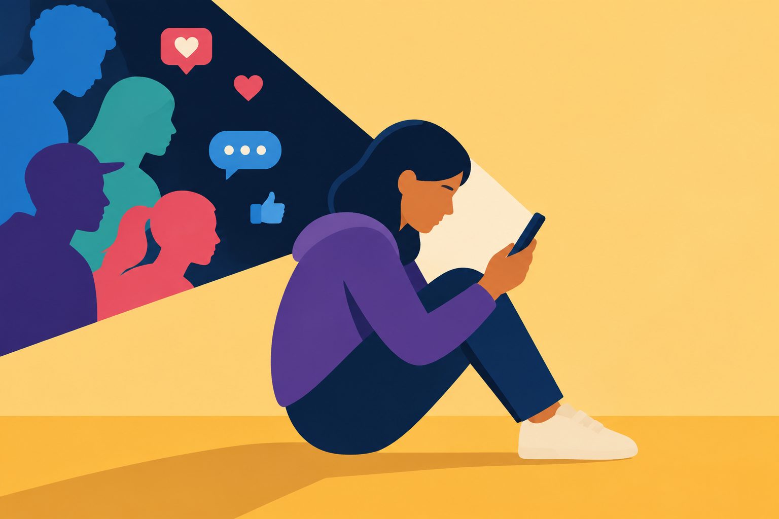 Abstract editorial illustration accompanying the article: For Teens, Social Media’s Mental-Health Effects May Depend on More Than Time