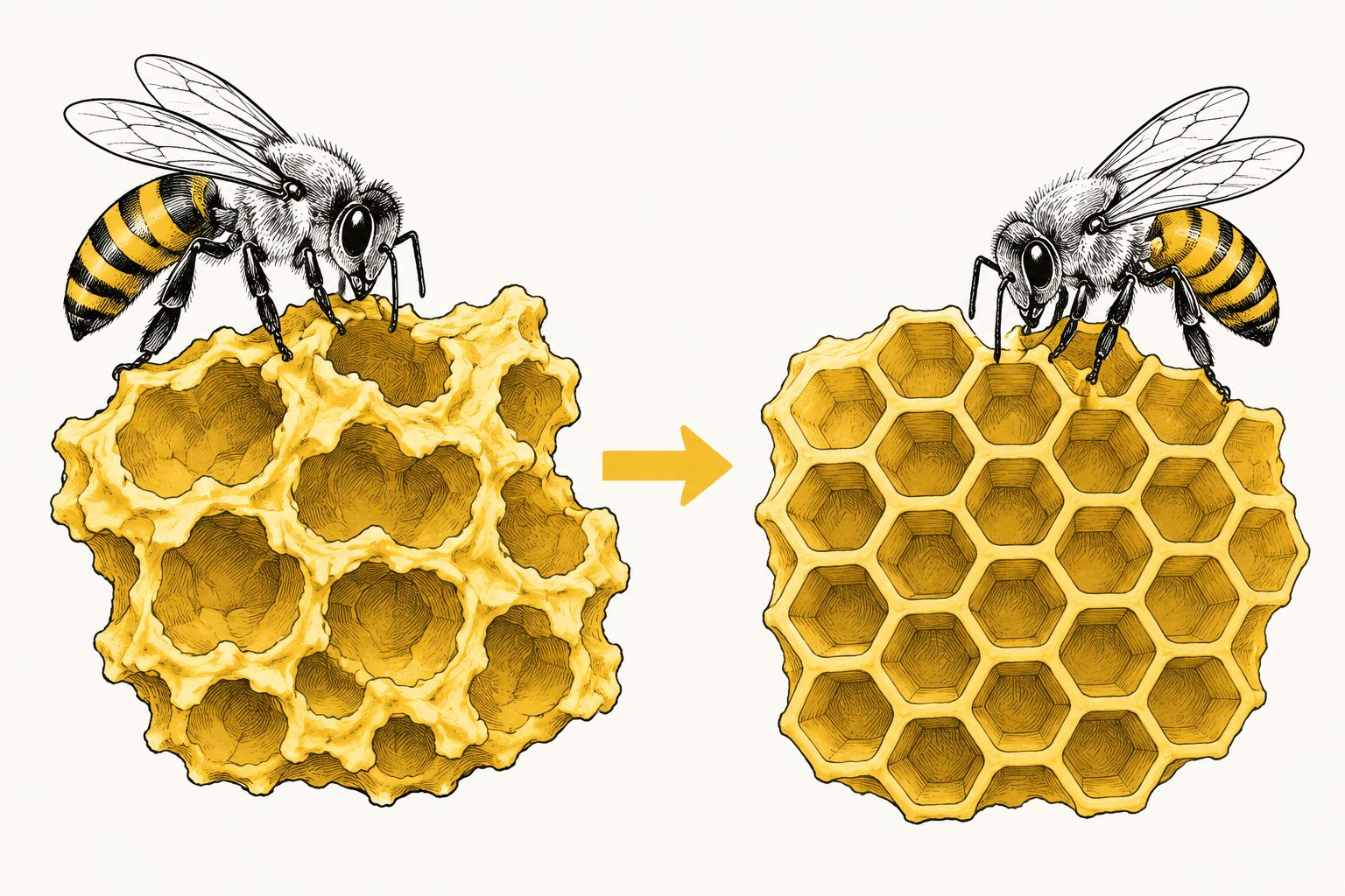 Abstract editorial illustration accompanying the article: Honeybees refine rough wax cells into the regular hexagons of comb