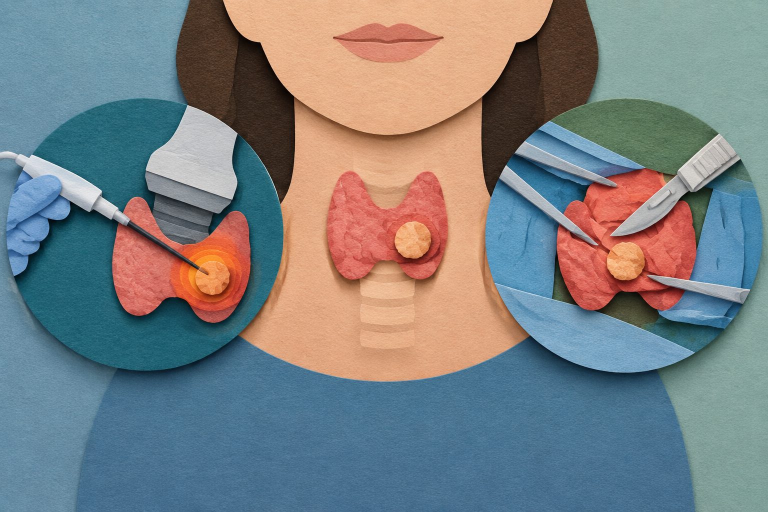 Abstract editorial illustration accompanying the article: Review finds radiofrequency treatment had similar cancer outcomes to surgery