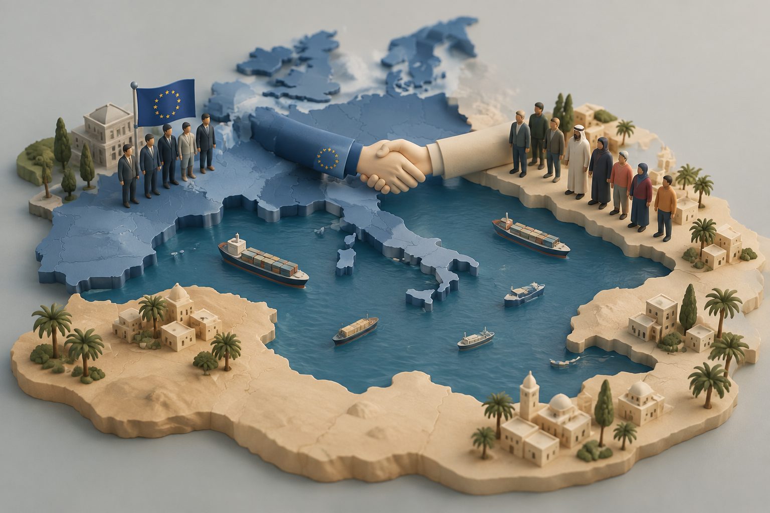 Abstract editorial illustration accompanying the article: What 30 years of European ties with the Mediterranean reveal