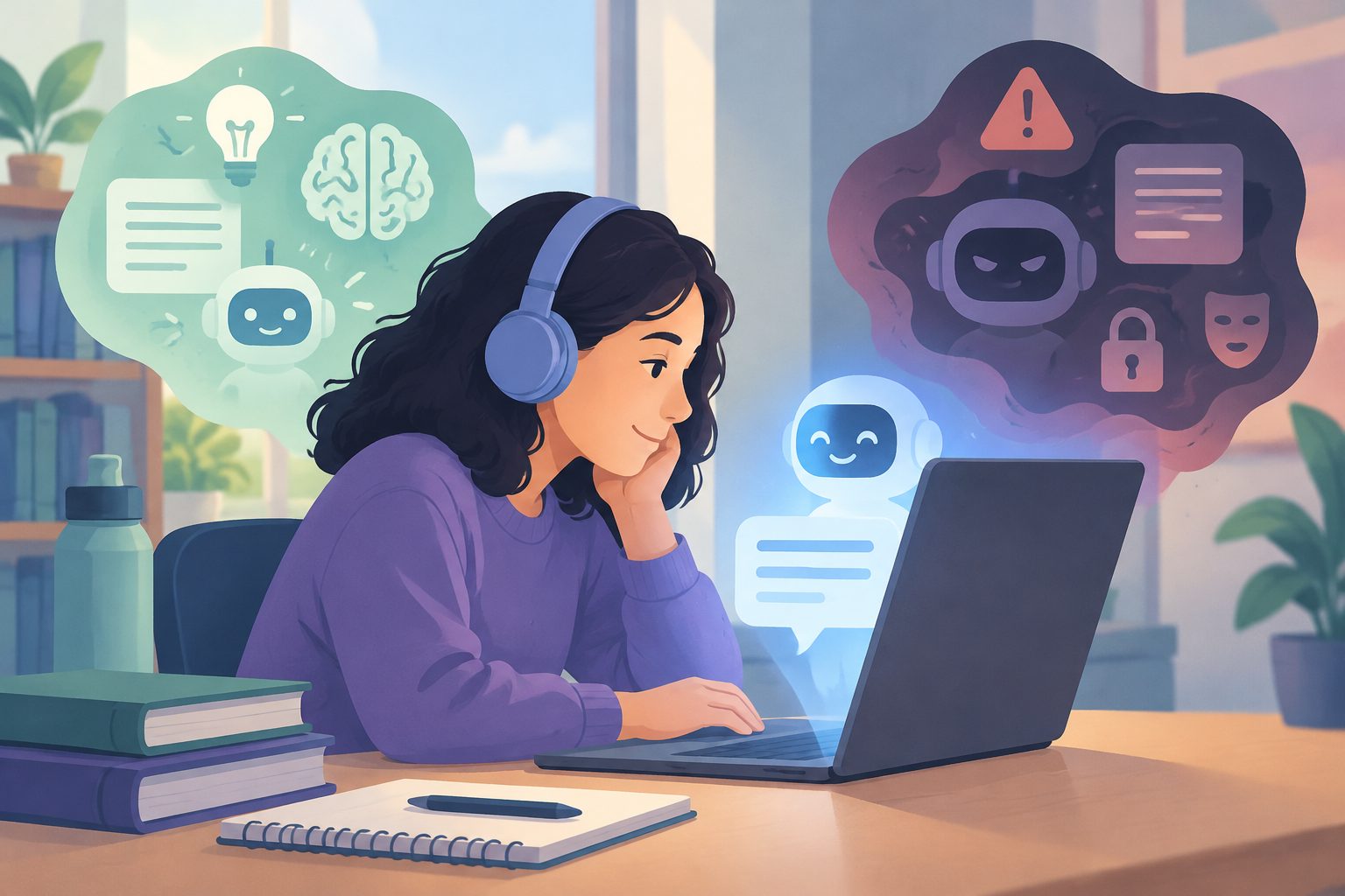 Abstract editorial illustration accompanying the article: Neurodivergent students call generative AI essential, but see risks
