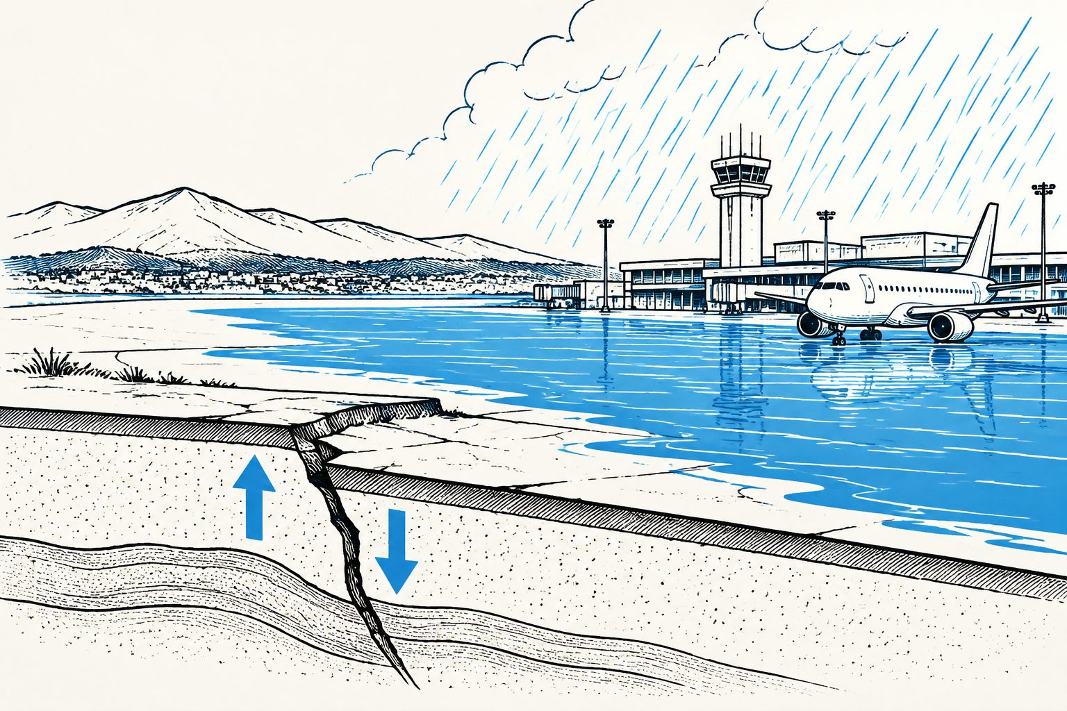 Abstract editorial illustration accompanying the article: Earthquake-driven ground shifts could flood Dunedin Airport during later storms