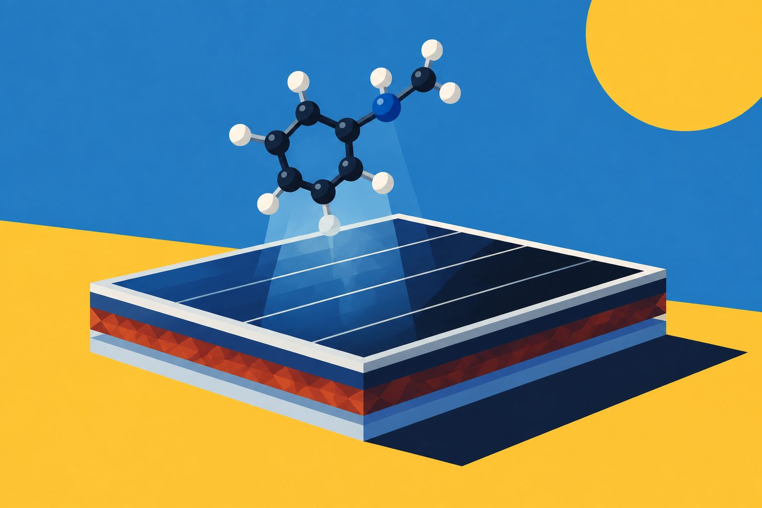 Abstract editorial illustration accompanying the article: A small molecule helped perovskite solar cells retain 90.2% of their efficiency
