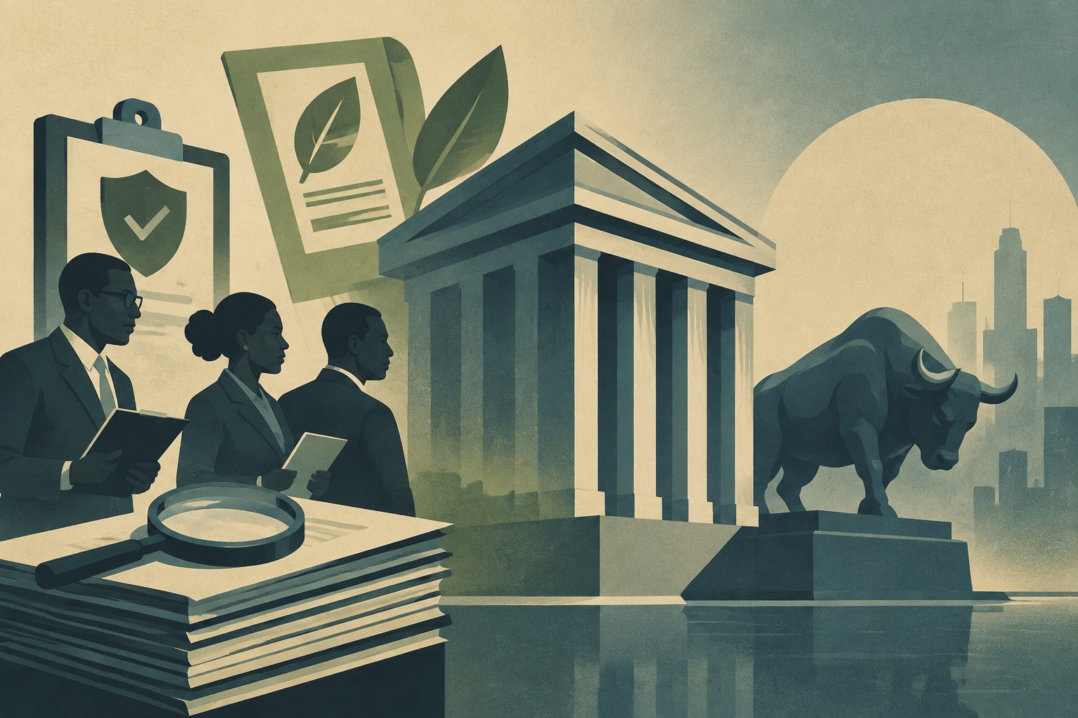Abstract editorial illustration accompanying the article: Rules, auditors and environmental policies did not lift Nigerian banks’ market value