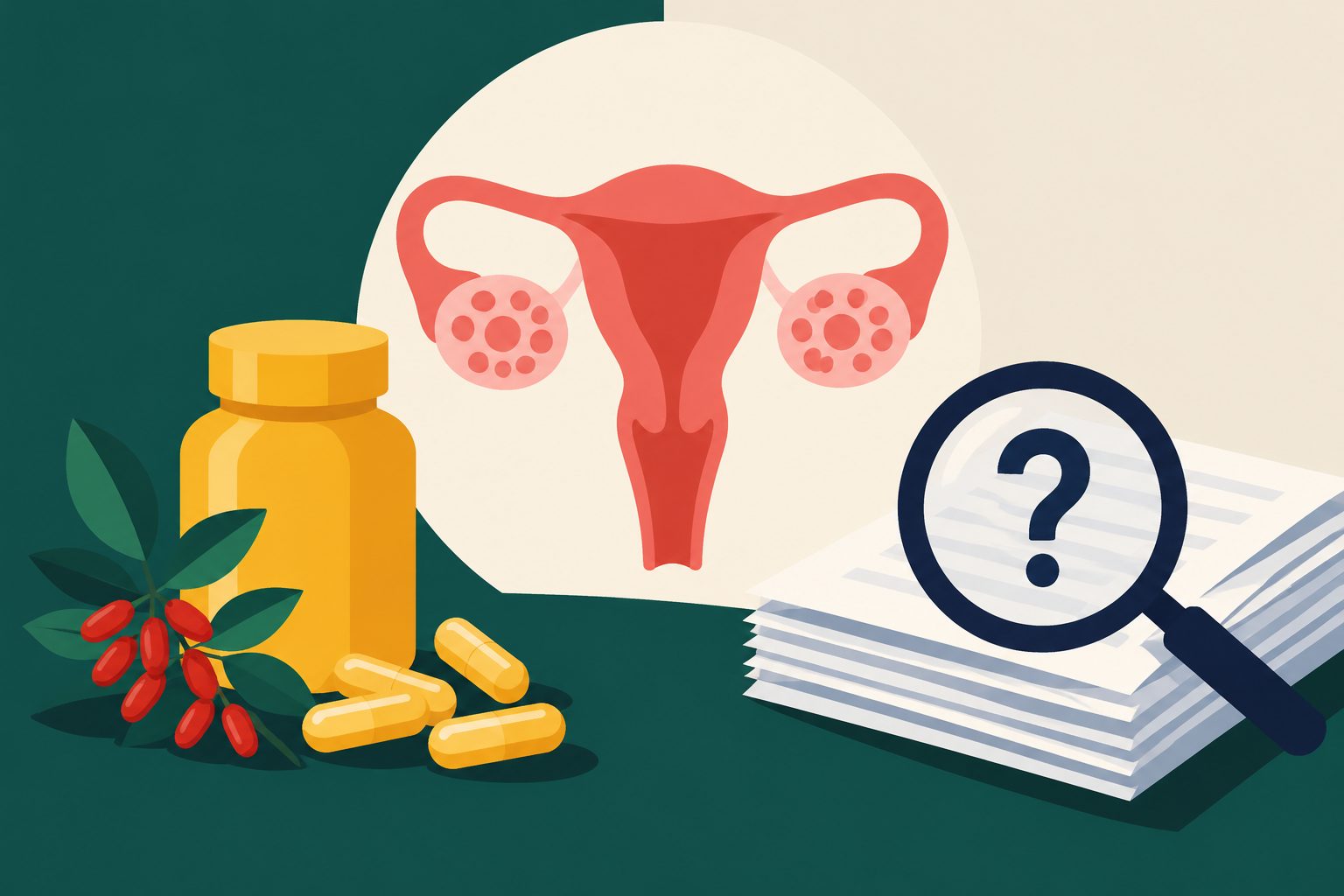 Abstract editorial illustration accompanying the article: Review finds unreliable evidence for berberine in polycystic ovary syndrome
