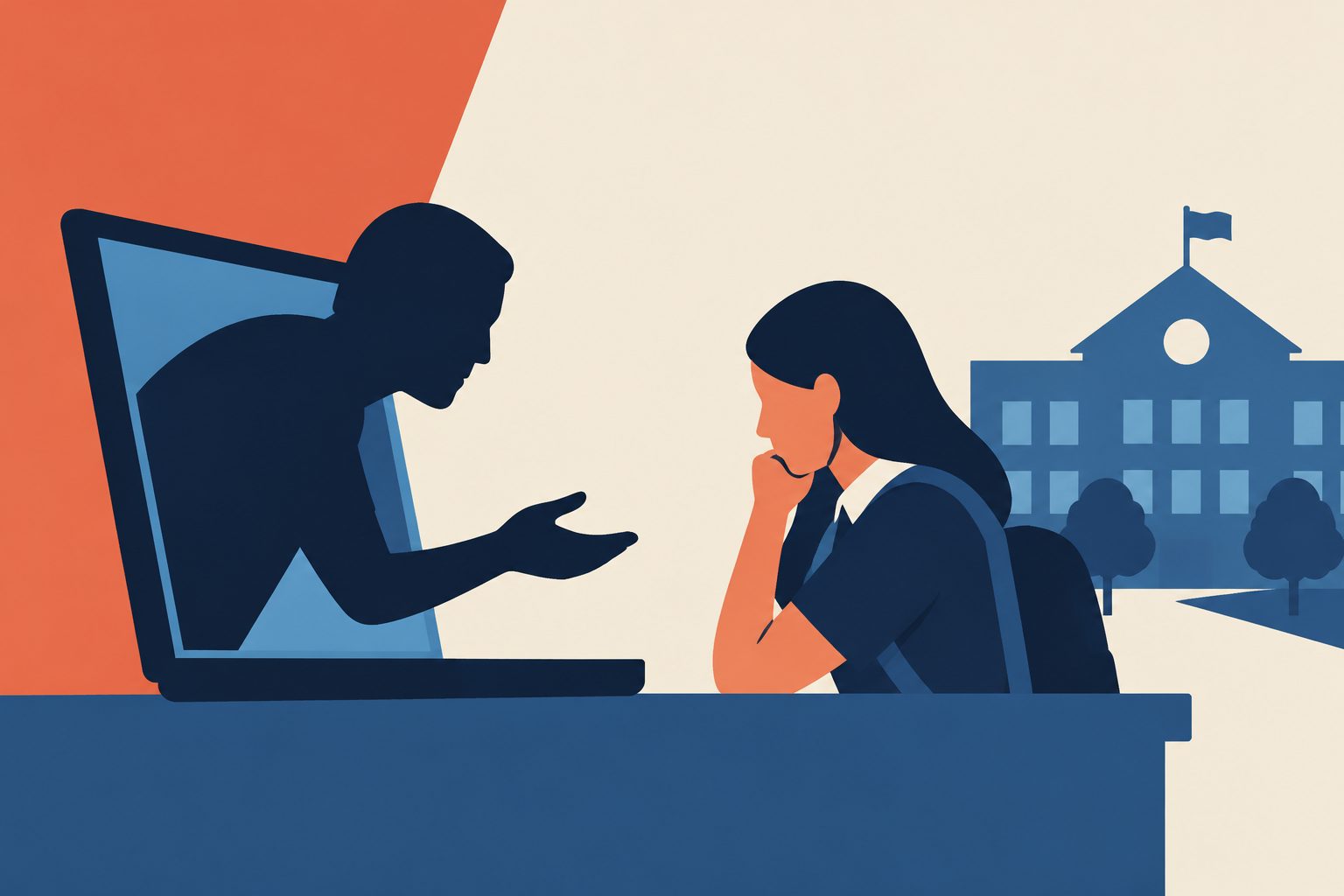 Abstract editorial illustration accompanying the article: Schools report uncertainty after online grooming concerns are raised